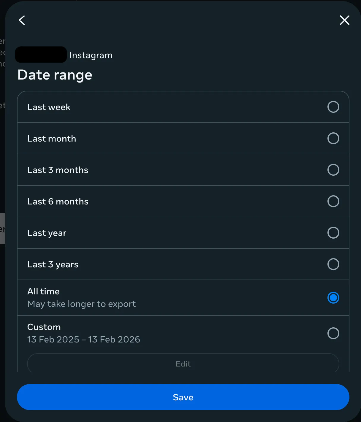 Instagram-Exporteinstellungen: Zeitraum Gesamte Zeit