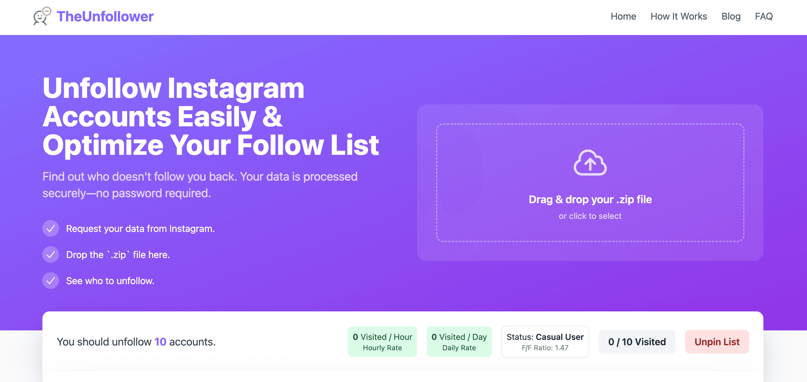 TheUnfollower dashboard — find Instagram non-followers without sharing a password